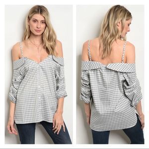 Off the shoulder checkered button up blouse